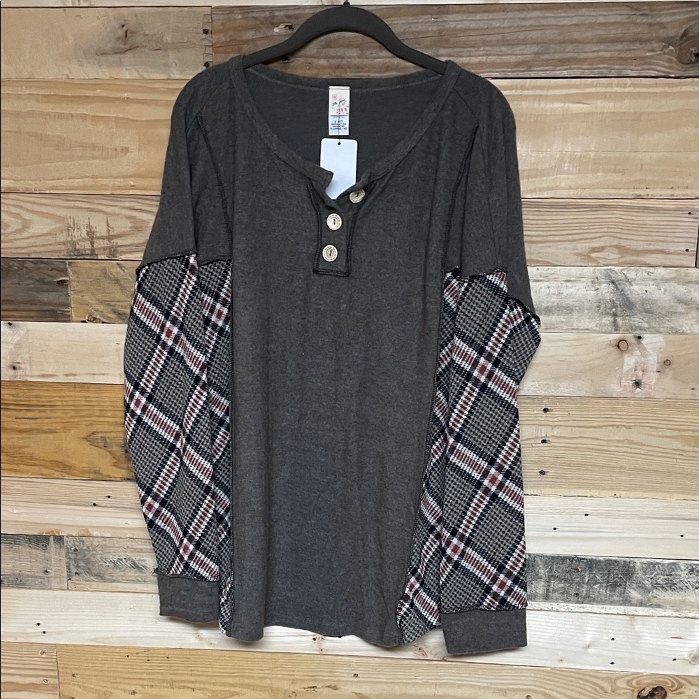 7th Ray size XL Cozy Soft Lightweight Brown Henley Top with Plaid Puff Sleeves